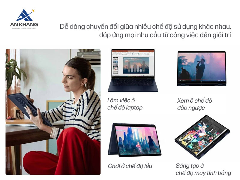 Laptop HP OmniBook X Flip 14 là laptop 2in1 sở hữu thiết kế linh hoạt, dễ dàng chuyển đổi sang nhiều chế độ