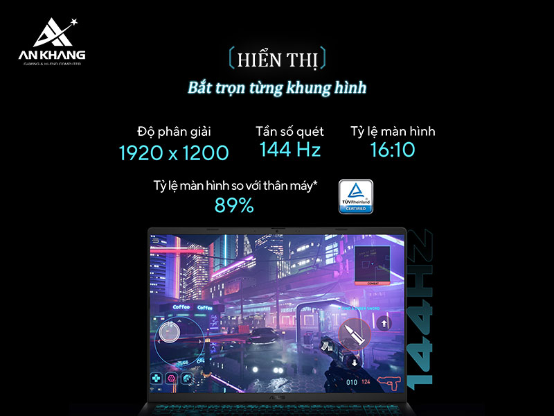 Laptop ASUS Gaming V16 V3607 sở hữu màn hình 16 inch rộng rãi, mượt mà với tần số làm mới 144Hz