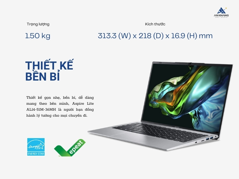 Acer Aspire Lite AL14-51M-36MH NX.KTVSV.001 với thiết kế nhỏ gọn, bền bỉ