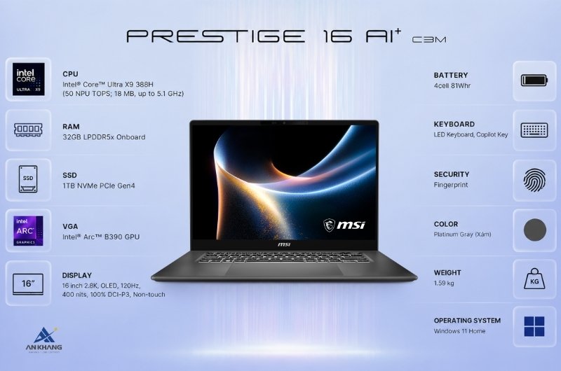 Laptop MSI Prestige 16 AI+ C3MG-024VN là chiếc Copilot+ PC cao cấp, mạnh mẽ, thông minh cho doanh nhân, chuyên gia