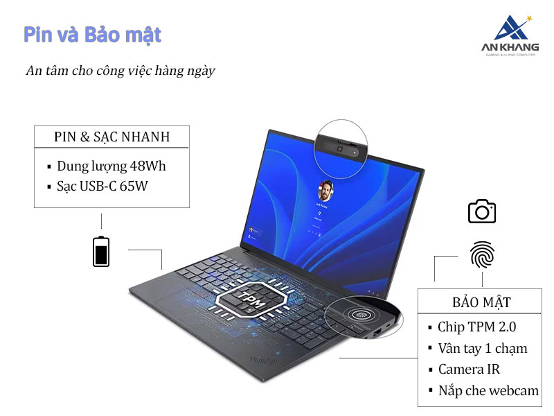An tâm cho công việc hàng ngày với thời lượng pin ấn tượng và các tính năng bảo mật nâng cao của Laptop Lenovo ThinkPad E16 Gen 3