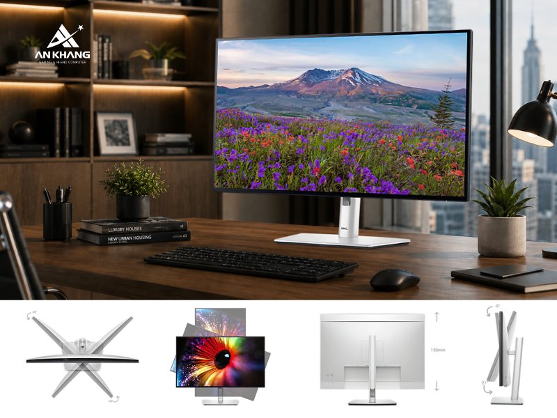 Màn hình Dell UltraSharp U2724D nổi bật với thiết kế công thái học điều chỉnh linh hoạt
