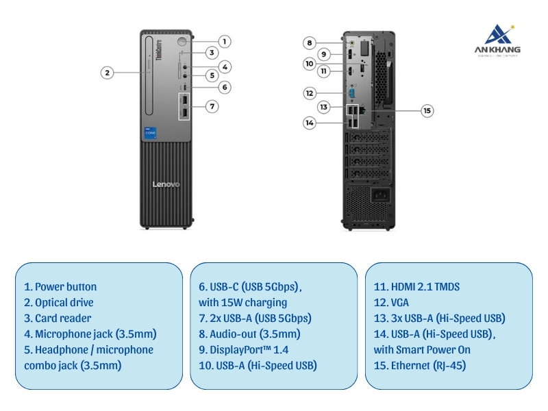 M&aacute;y t&iacute;nh để b&agrave;n Lenovo ThinkCentre neo 50s Gen 5 12XD002HVA trang bị kết nối đầy đủ, đ&aacute;p ứng mọi nhu cầu