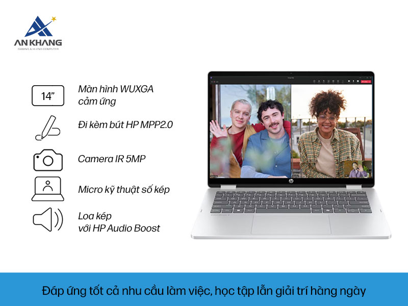 HP OmniBook 5 Flip 14 với màn hình cảm ứng kết hợp cùng hệ thống camera và âm thanh chất lượng