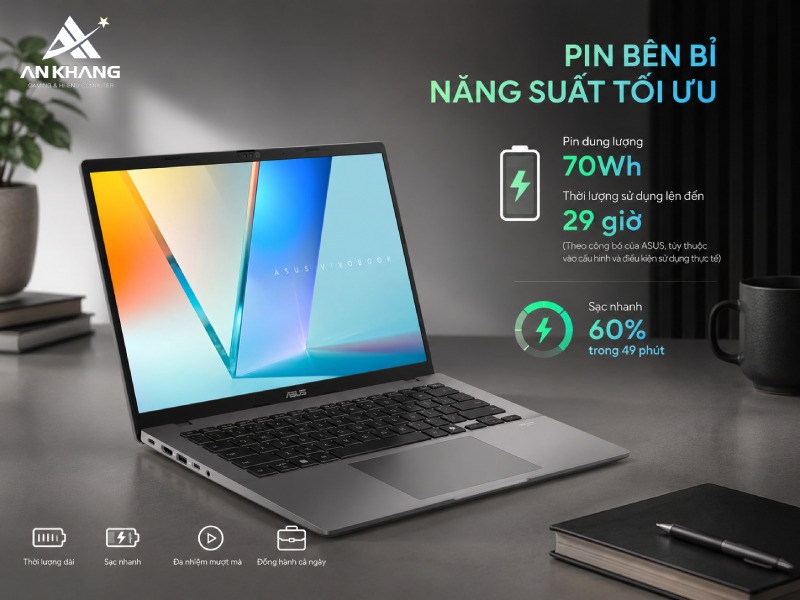 Trang bị viên pin bền bỉ cho thời gian sử dụng dài trên ASUS Vivobook S14 S3407AA-SF032W