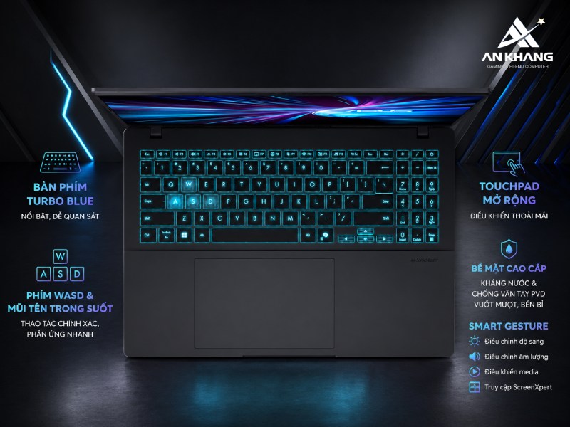Laptop ASUS Gaming V16 V3607VJ-TK189W sở hữu bàn phím gaming nổi bật với đèn nền Xanh Turbo