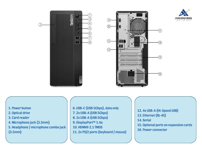 M&aacute;y t&iacute;nh để b&agrave;n Lenovo ThinkCentre M70t Gen 5 12U0000DVA kết nối đầy đủ, bố tr&iacute; hợp l&yacute;