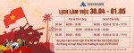 THÔNG BÁO LỊCH LÀM VIỆC 30/04 - 01/05/2022