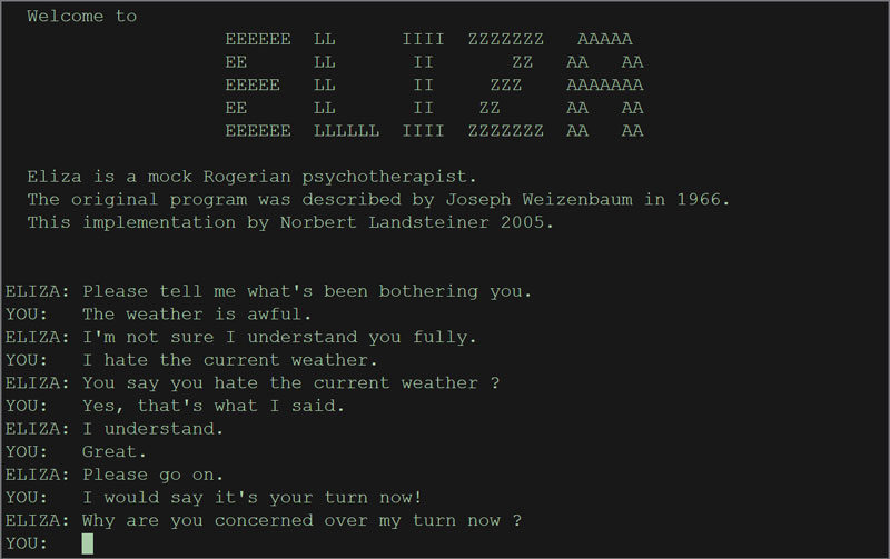 ELIZA - một chương trình máy tính tương tác có thể trò chuyện bằng tiếng Anh về mặt chức năng với con người