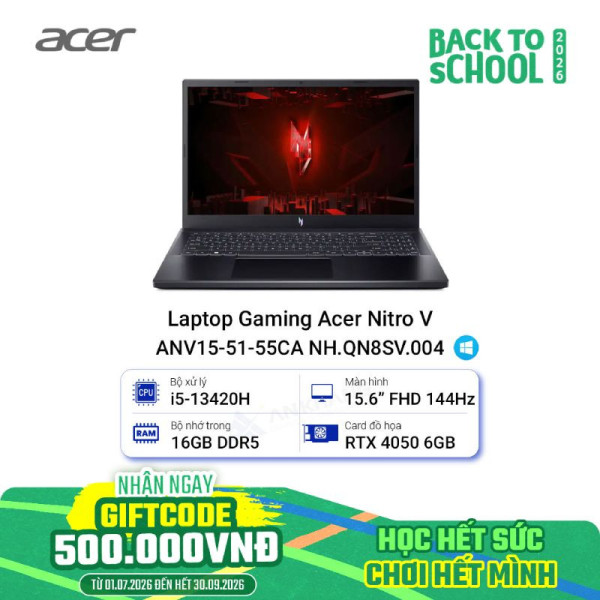 Laptop Gaming Acer Nitro V ANV15-51-55CA NH.QN8SV.004 (i5-13420H/16GB/512GB/RTX 4050/15.6 inch FHD 144Hz/Win11/Đen)