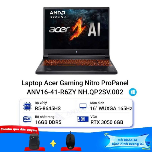 Laptop Acer Gaming Nitro ProPanel ANV16-41-R6ZY NH.QP2SV.002 (R5-8645HS/RAM 16GB/ SSD 512GB/RTX 3050/16inch WUXGA 165Hz/LED KB/Win11)