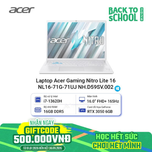 Laptop Acer Gaming Nitro Lite 16 NL16-71G-71UJ NH.D59SV.002 (i7-13620H/16GB/512GB/RTX 3050 6GB/16inch FHD+ 165Hz/3cell/Win11)