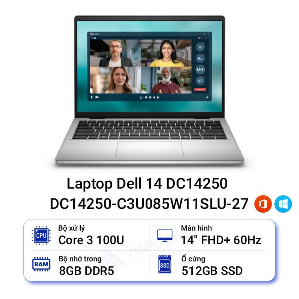 Laptop Dell 14 DC14250 DC14250-C3U085W11SLU-27 (Core 3/RAM 8GB/SSD 512GB/14inch FHD+/3cell/Bạc/Win11)