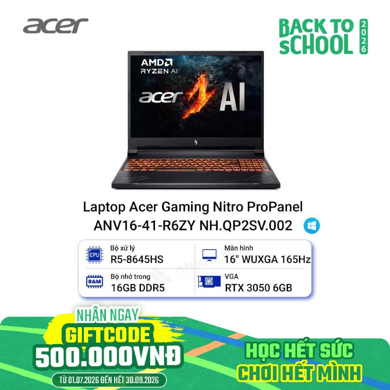 Laptop Acer Gaming Nitro ProPanel ANV16-41-R6ZY NH.QP2SV.002 (R5-8645HS/RAM 16GB/ SSD 512GB/RTX 3050/16inch WUXGA 165Hz/LED KB/Win11)