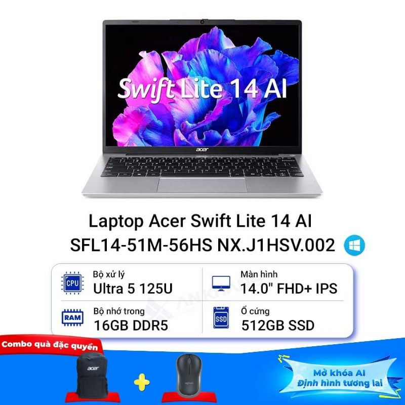 Laptop Acer Swift Lite 14 AI SFL14-51M-56HS NX.J1HSV.002 (Ultra 5 125U/16GB/512GB/14.0 inch FHD+/Win11)