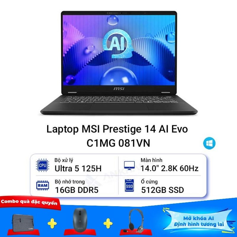 Laptop MSI Prestige 14 AI Evo C1MG 081VN (Ultra 5/16GB/512GB/14.0 inch 2.8K 60Hz/LED KB/FP/Win11)