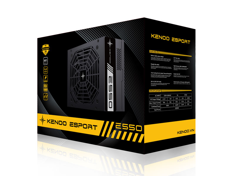 Nguồn máy tính KENOO ESPORT E550 550W Fan 12 - Màu Đen  - Cáp dẹt