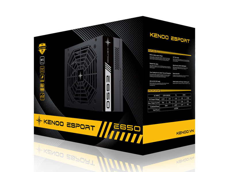 Nguồn máy tính KENOO ESPORT E650 650W Fan 12 - Màu Đen - Cáp dẹt