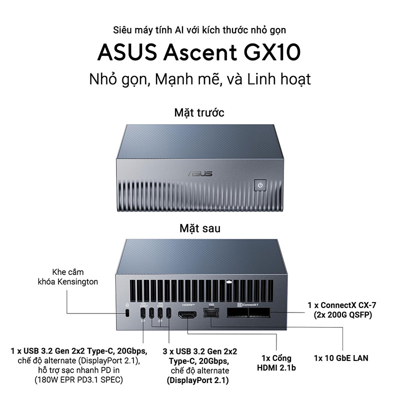 Máy tính Mini PC AI ASUS Ascent GX10 GX10-GG0012BN (NVIDIA GB10 | 128GB RAM | 1TB SSD)