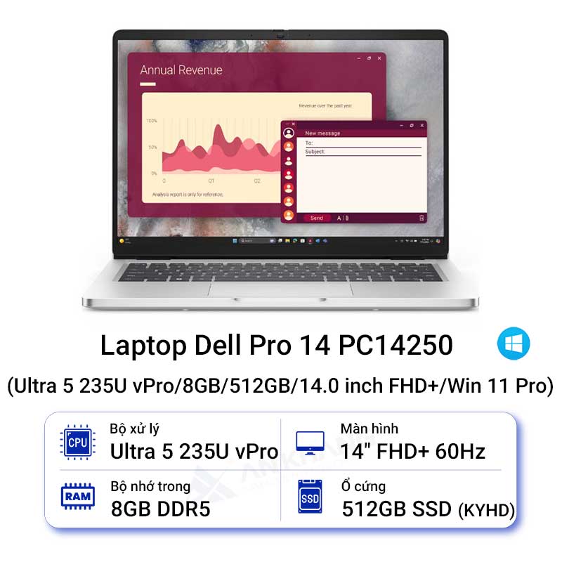 Laptop Dell Pro 14 PC14250 (Ultra 5 235U vPro/8GB/512GB/14.0 inch FHD+/Win 11 Pro)